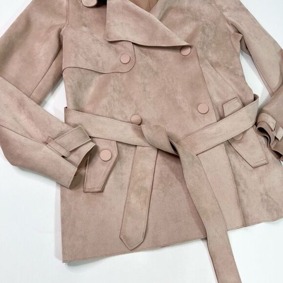 Zara Basic Trench Coat Womens Medium Light Pink Belted Double Breasted - Picture 2 of 10